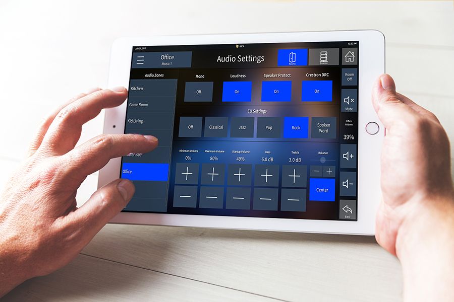 Tablet with Adapt for Crestron audio settings user interface